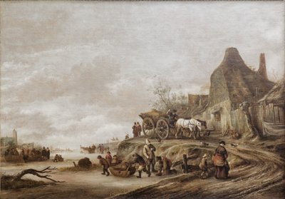 Isaack van Ostade - Frozen Canal with Cart Descending a Path by Isaac van Ostade